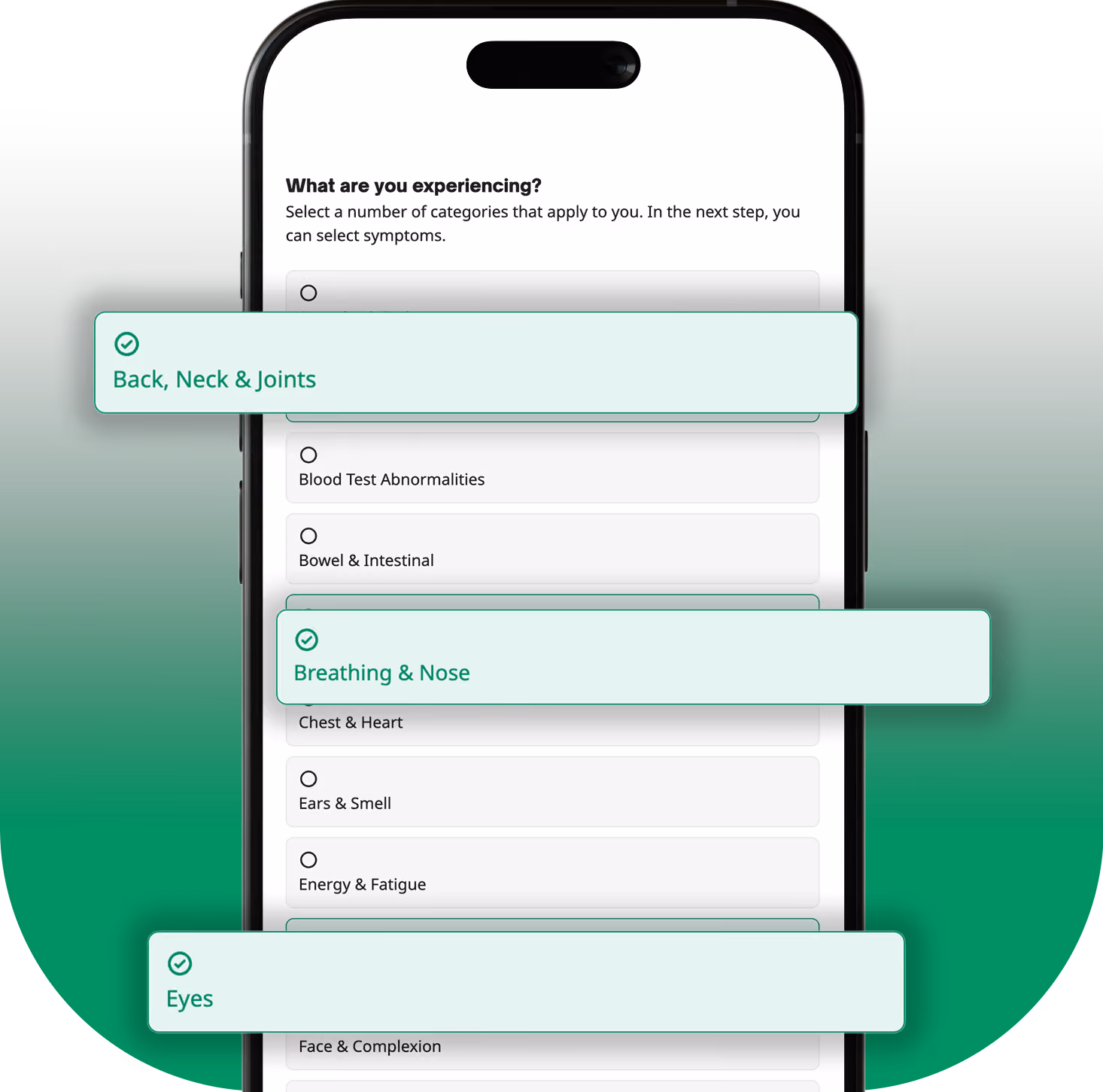 Noonla mobile mockup of selecting symptoms