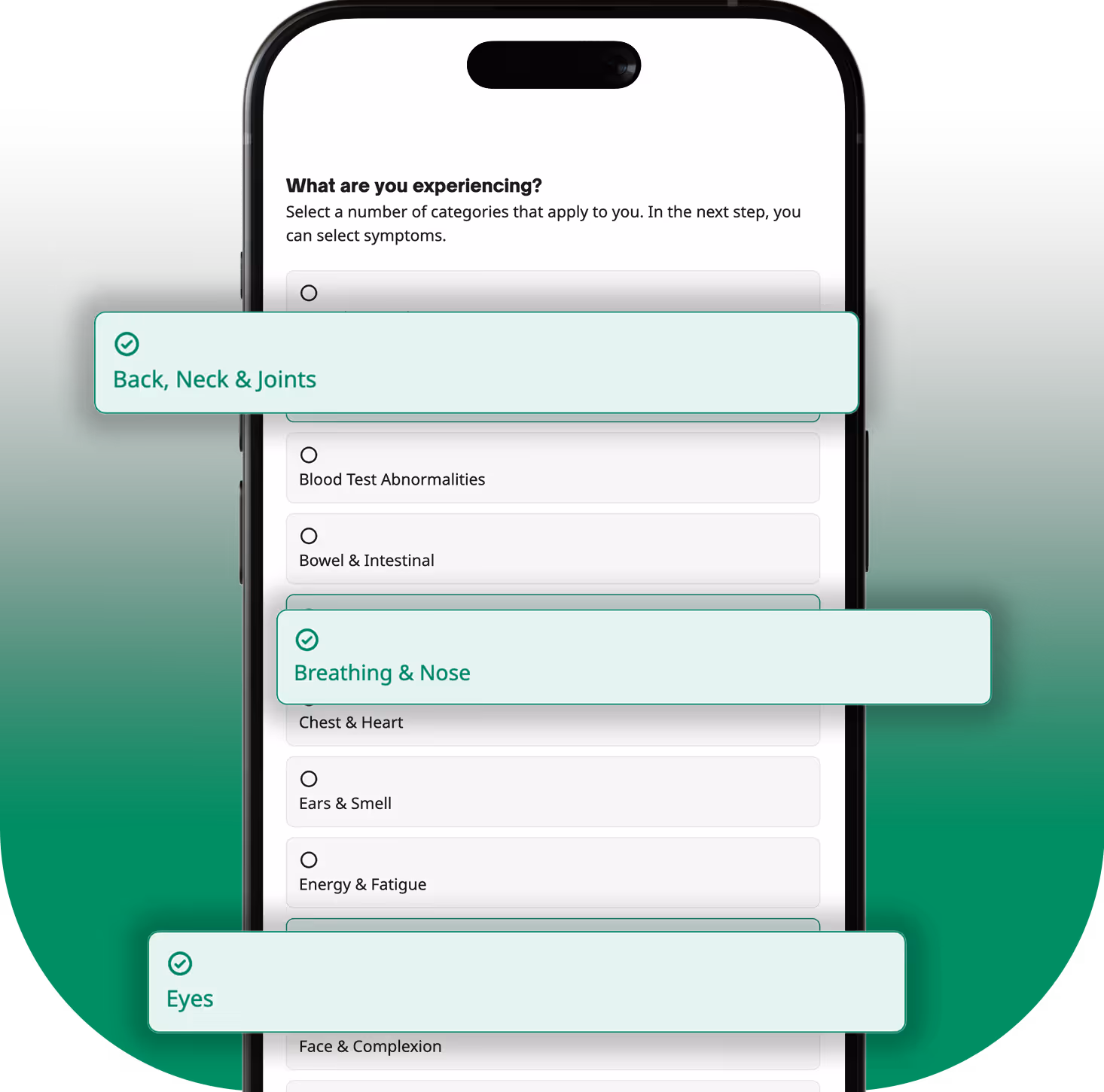 Noonla mobile mockup of selecting symptoms